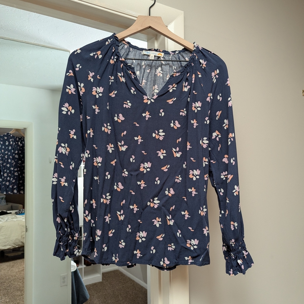 C&C California Blue Ruffled Blouse with Buttoned Sleeves
